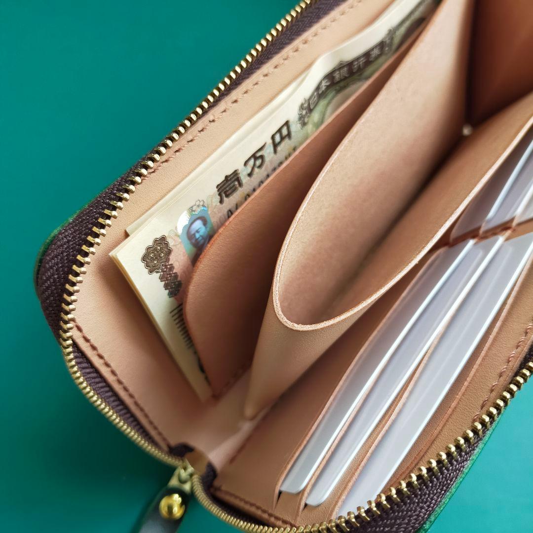 【かむ】ルガトショルダーグリーン　L字ファスナー長財布