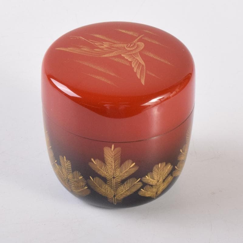 茶道具　輪島塗　前志芸男作　沈金若松鳥蒔絵　棗　共箱　V　7098
