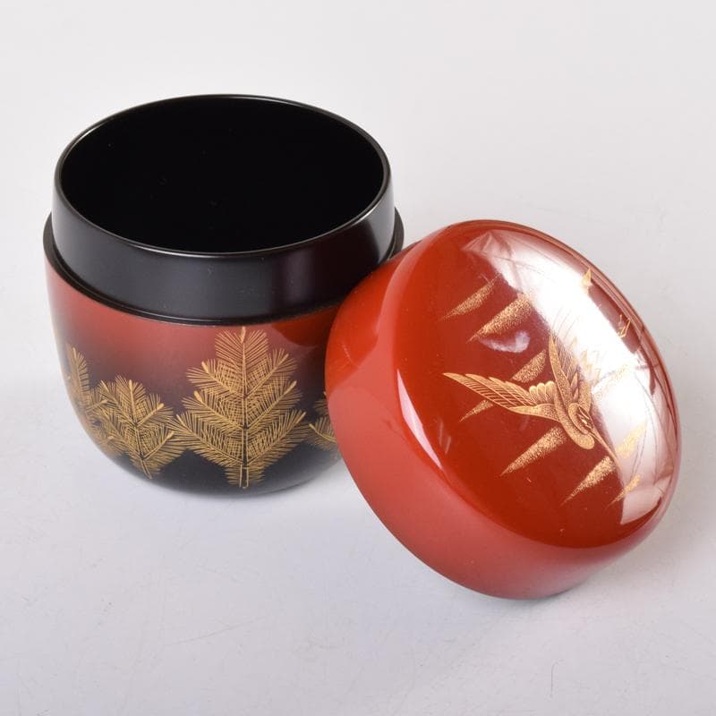 茶道具　輪島塗　前志芸男作　沈金若松鳥蒔絵　棗　共箱　V　7098