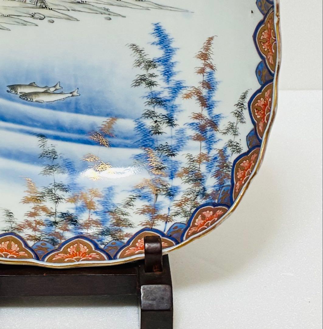 明治 香蘭社 有田焼 オールド香蘭社 代表意匠 色絵竹林鮎文 大鉢