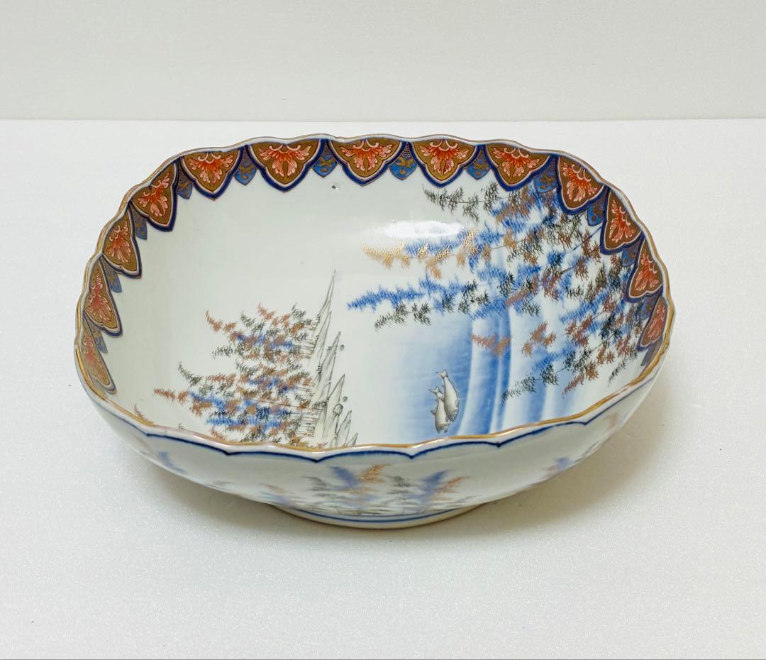 明治 香蘭社 有田焼 オールド香蘭社 代表意匠 色絵竹林鮎文 大鉢