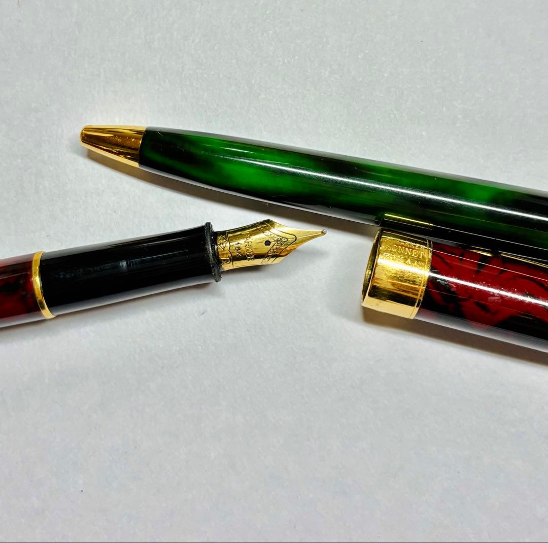 CARAN D’ACHE 赤万年筆 緑ボールペン 紅赤レザーケース