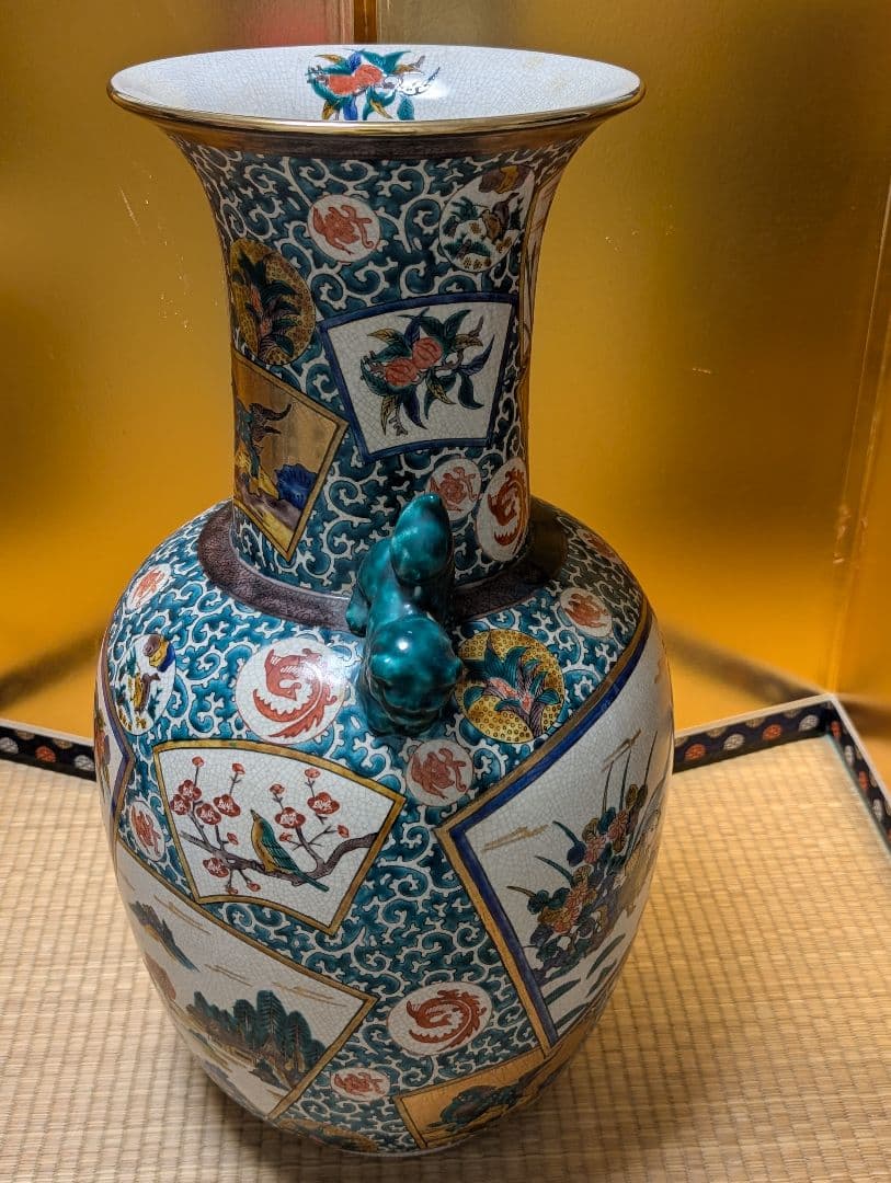 九谷焼　角福　青手　壺　花瓶 『双耳飾壺』