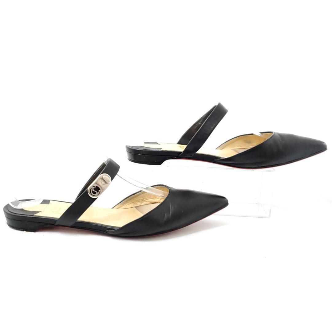 クリスチャンルブタン　ストラップミュール　金具　ポインテッドトゥ　レザー　黒