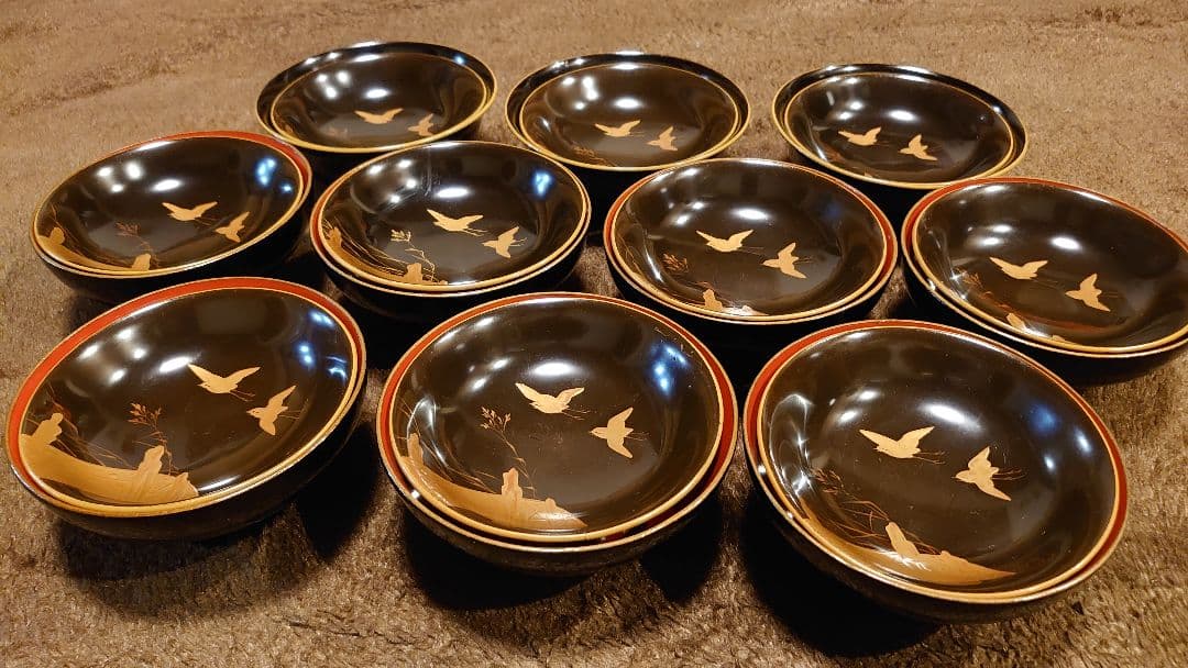 輪島塗　金蒔絵　蒔絵　波千鳥　蓋椀　１０客