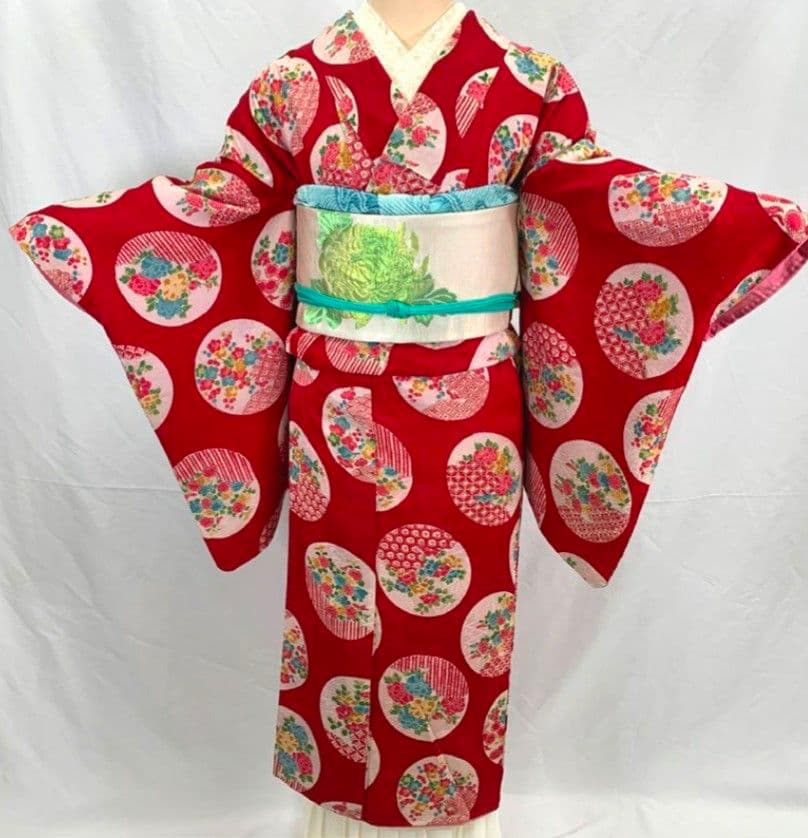 大正ロマン！　赤地に花丸文　アンティーク 着物 正絹 錦紗 袴