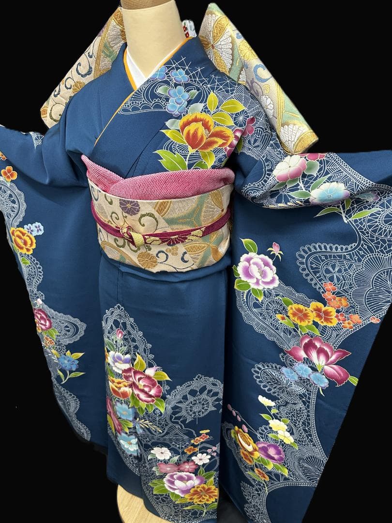 誰が袖好み 高島屋×千總 群青色 手描き友禅 振袖 落款あり