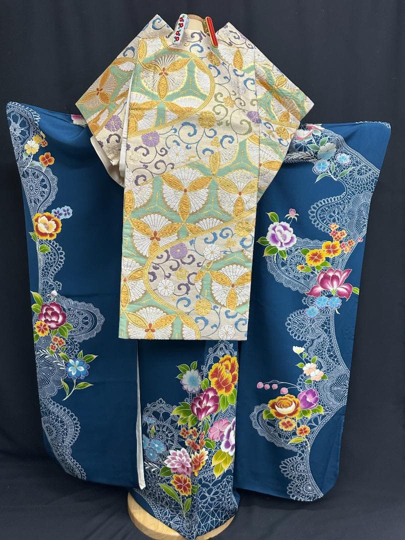 誰が袖好み 高島屋×千總 群青色 手描き友禅 振袖 落款あり