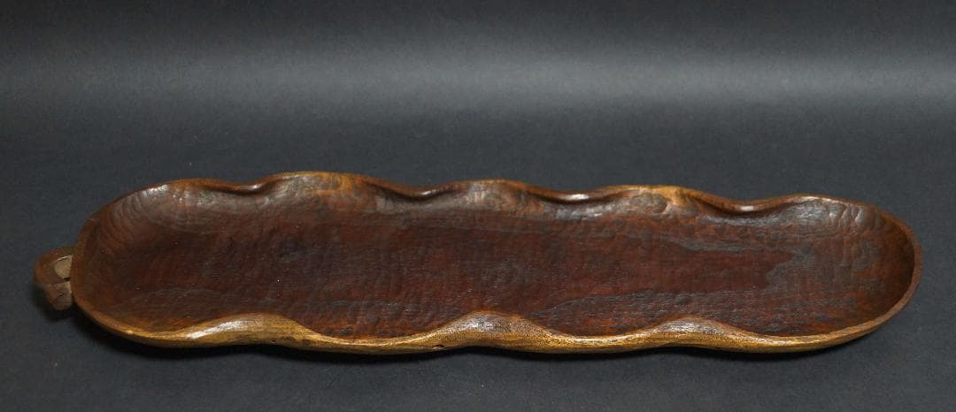 時代木彫 哲仙造 欅製 葉盆 一文字盆 刳り貫盆★美しい木目★長さ41㎝煎茶道具