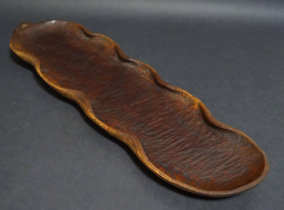 時代木彫 哲仙造 欅製 葉盆 一文字盆 刳り貫盆★美しい木目★長さ41㎝煎茶道具