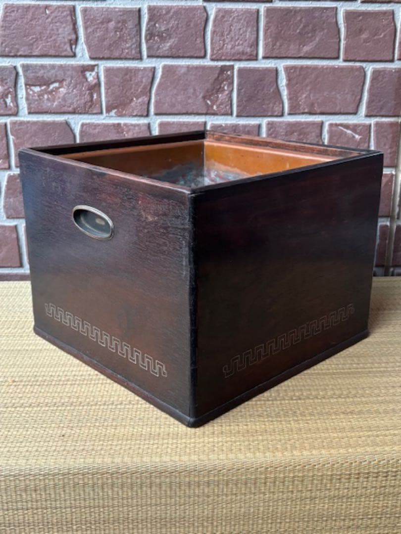 時代火道具 唐木 四方火鉢 紫檀瓶掛 角火鉢 銅おとし付 象嵌細工 旧家煎茶道具