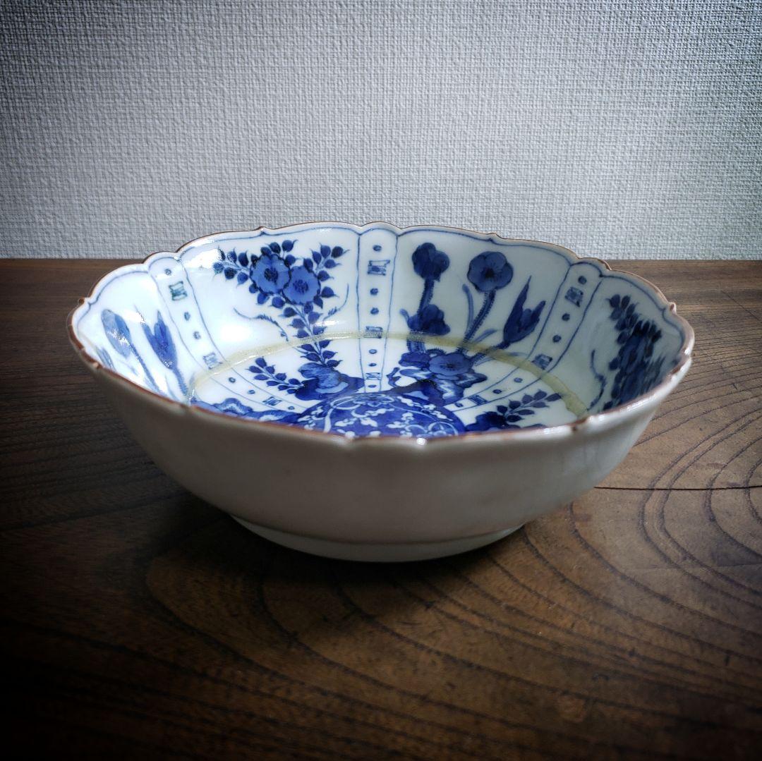 古伊万里　染付　なます皿　芙蓉手　花図　花唐草　訳あり　ガラス継ぎ　ハ号　江戸