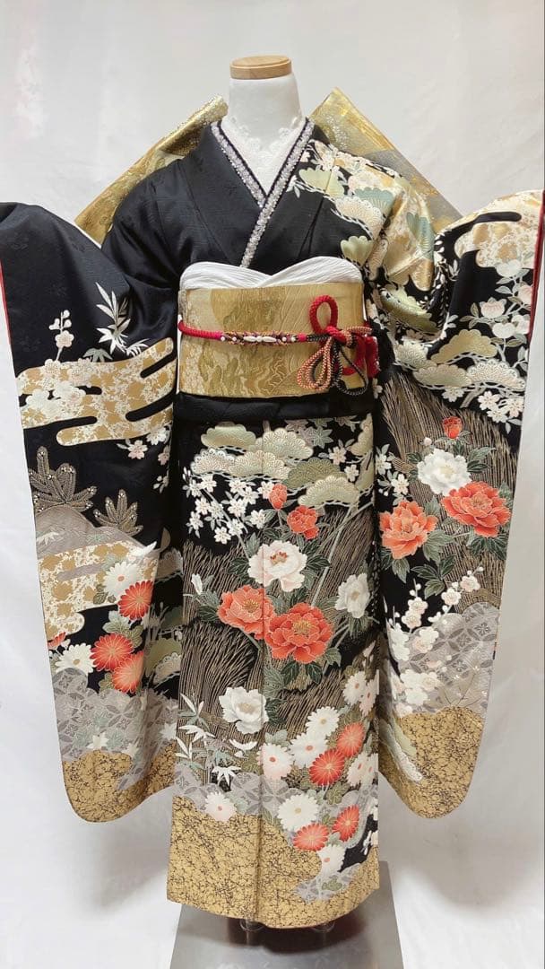 牡丹 菊 箔 金糸 黒 正絹 振袖 成人式　振袖6点セット　振袖フルセット