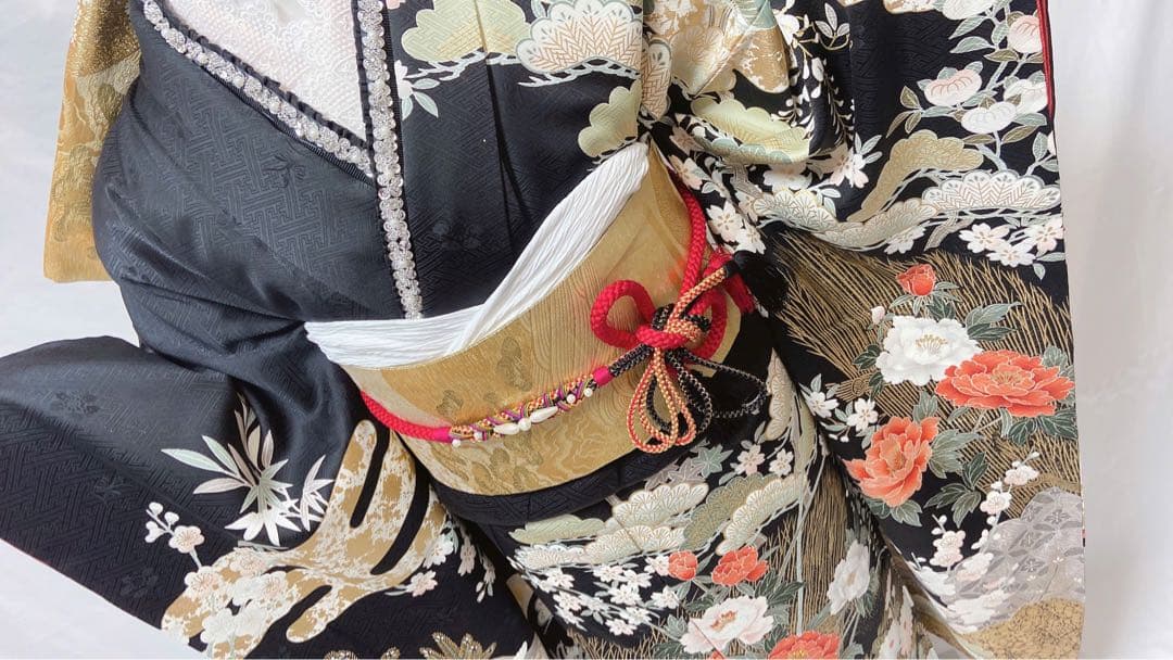 牡丹 菊 箔 金糸 黒 正絹 振袖 成人式　振袖6点セット　振袖フルセット