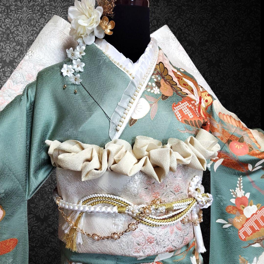 振袖フルセット(8点)・成人式・古典柄・金彩加工・くすみ・金駒刺繍・逸品