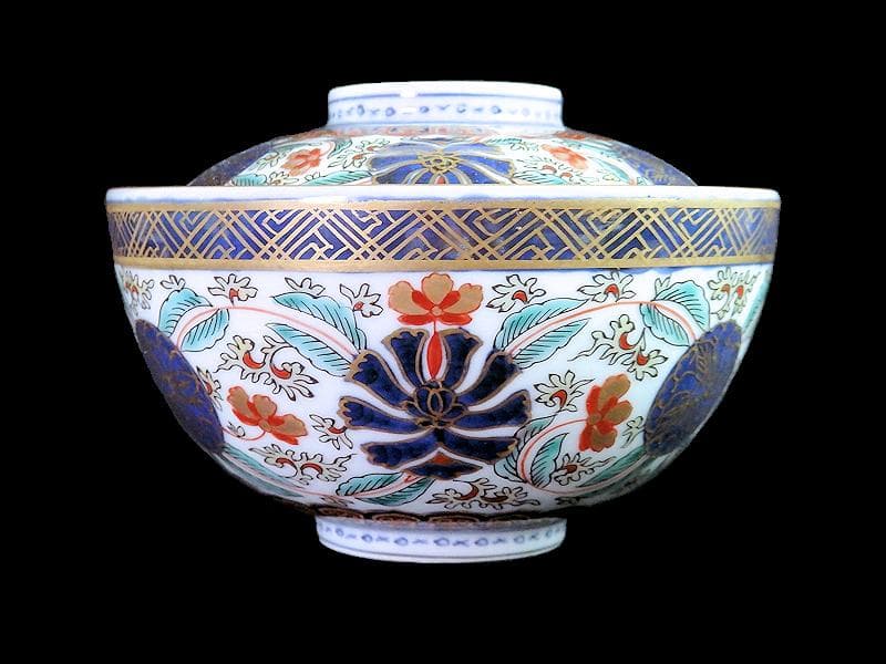 古伊万里　金襴手　瓔珞紋に花の図　蓋茶碗　江戸期　C000AS-CJa