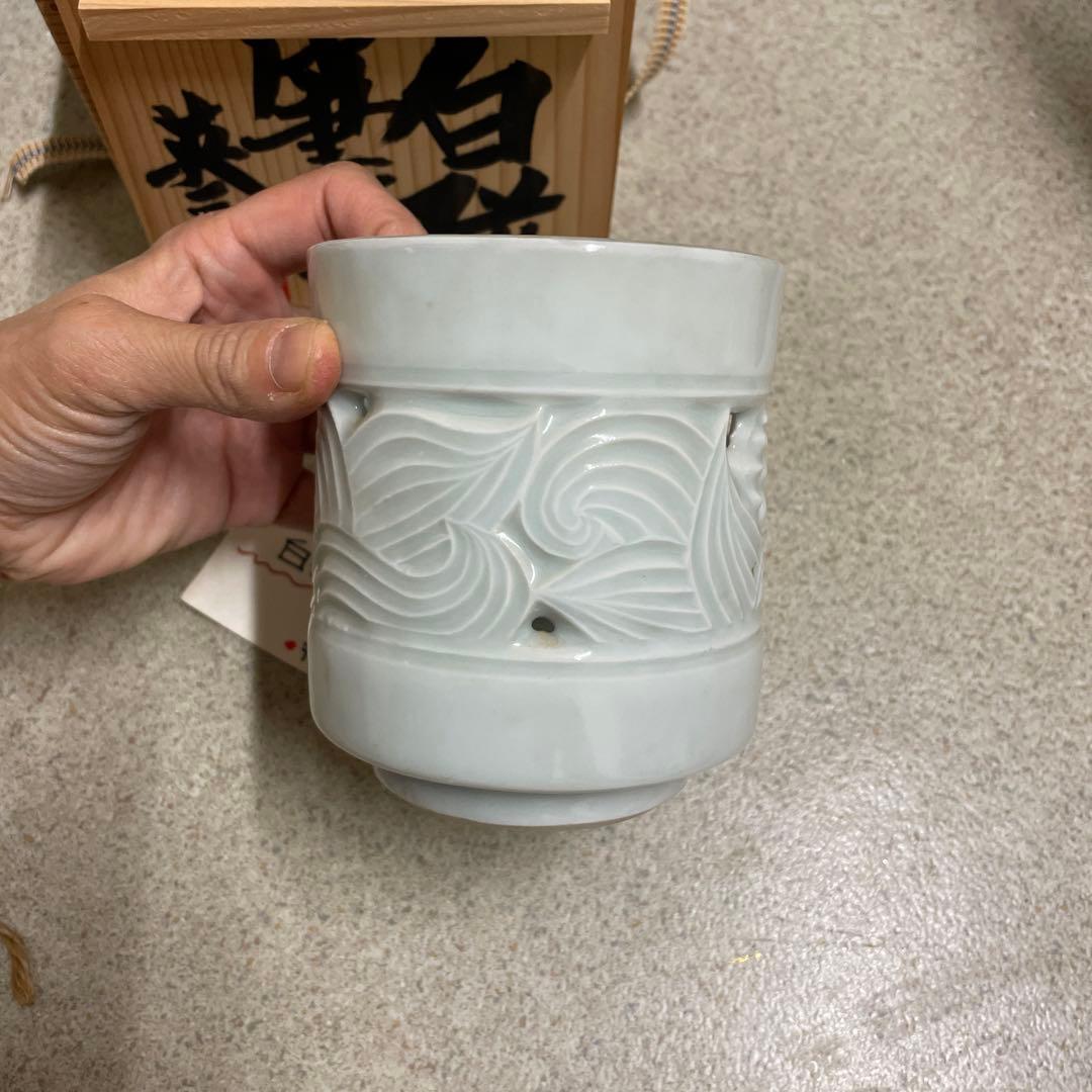 陶芸・陶器】椋木英三造　白磁筆簡（共箱）書道 筆筒