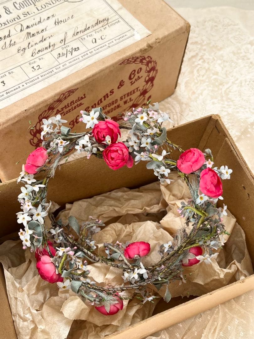 アンティークイギリスウェディング花冠ティアラ布花ガーランド紙箱紙もの