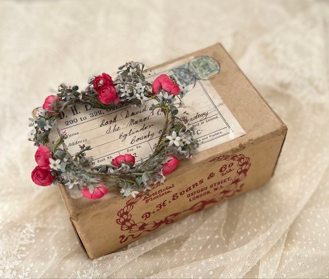 アンティークイギリスウェディング花冠ティアラ布花ガーランド紙箱紙もの