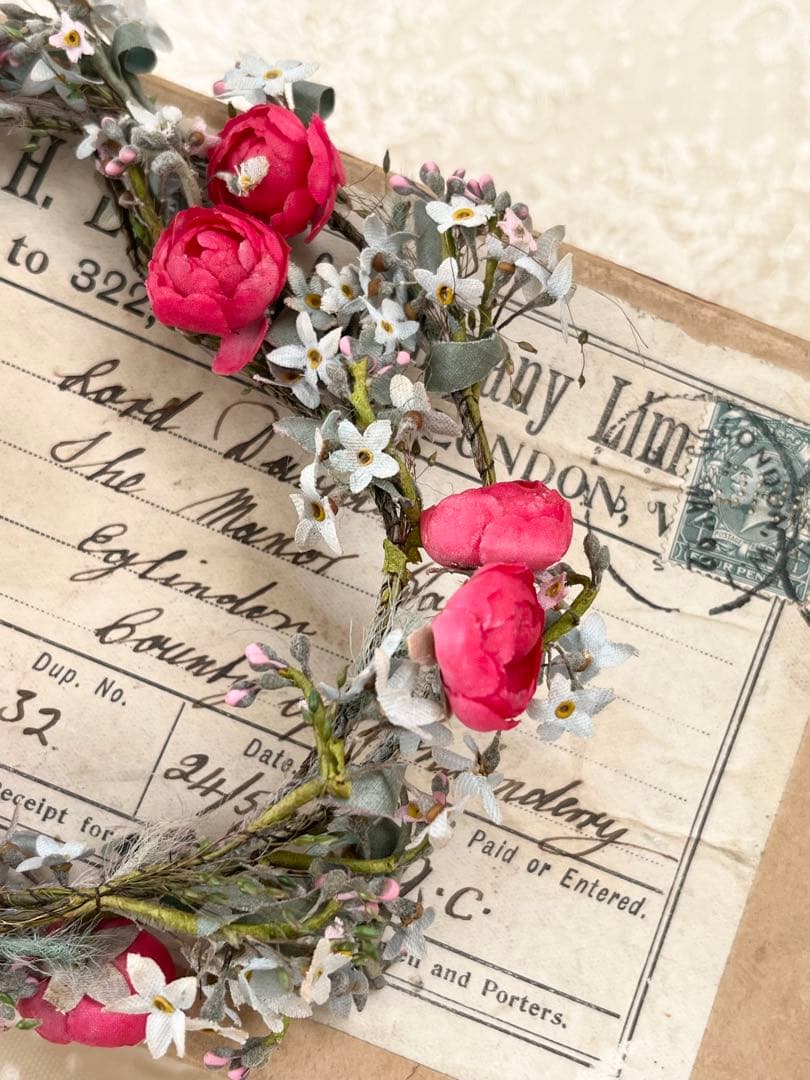 アンティークイギリスウェディング花冠ティアラ布花ガーランド紙箱紙もの