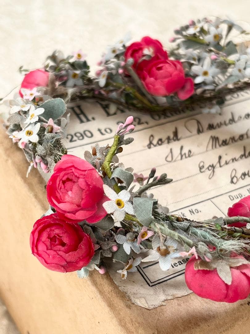 アンティークイギリスウェディング花冠ティアラ布花ガーランド紙箱紙もの