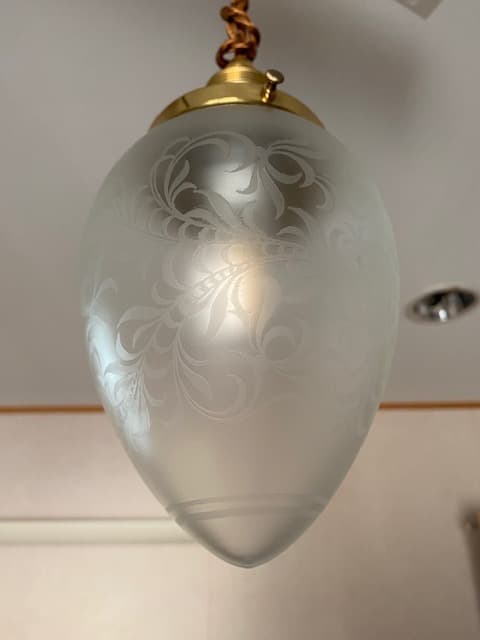 フランス　ビンテージ　エッチング装飾の卵型　ガラスランプ　シーリングライト