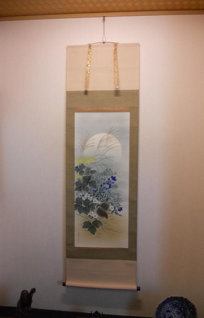 Popo掛け軸 川村観峰 秋草に鶉 うずら 絹本 希少 茶道具 掛軸 美品