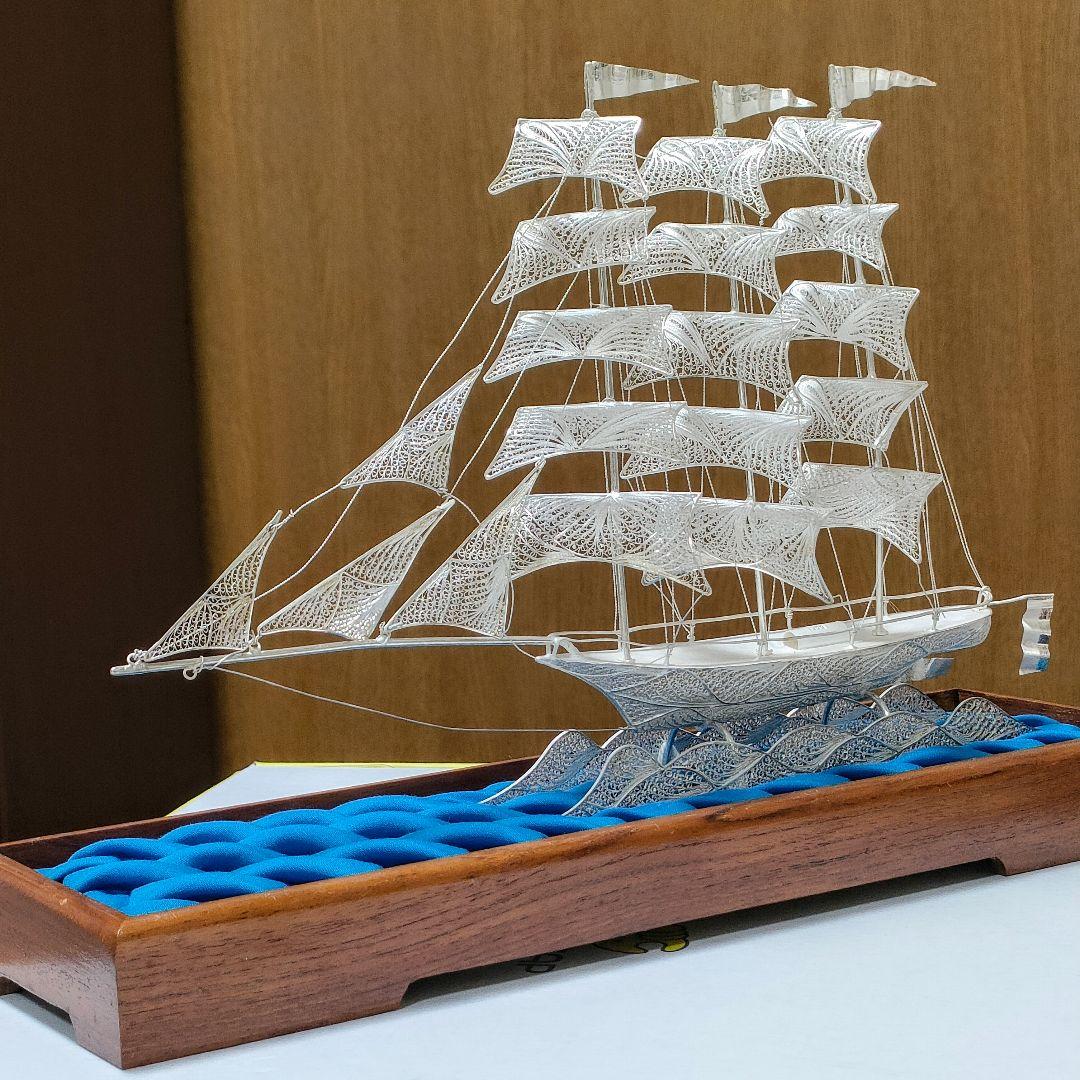 ○5729#0112　SV900 銀線細工 帆船の置物(台座一体型)　0105