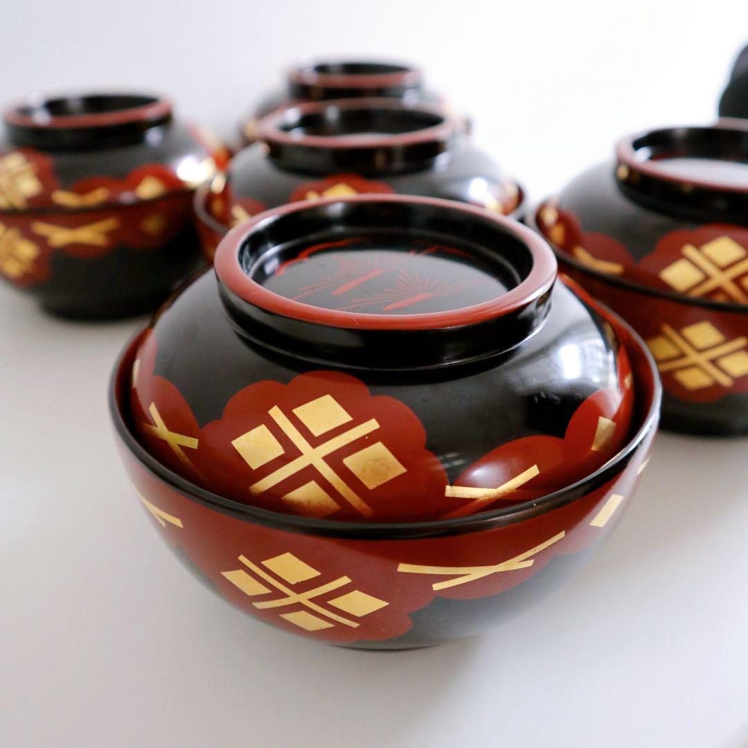 [未使用品] 漆器 蓋付き椀 5個セット