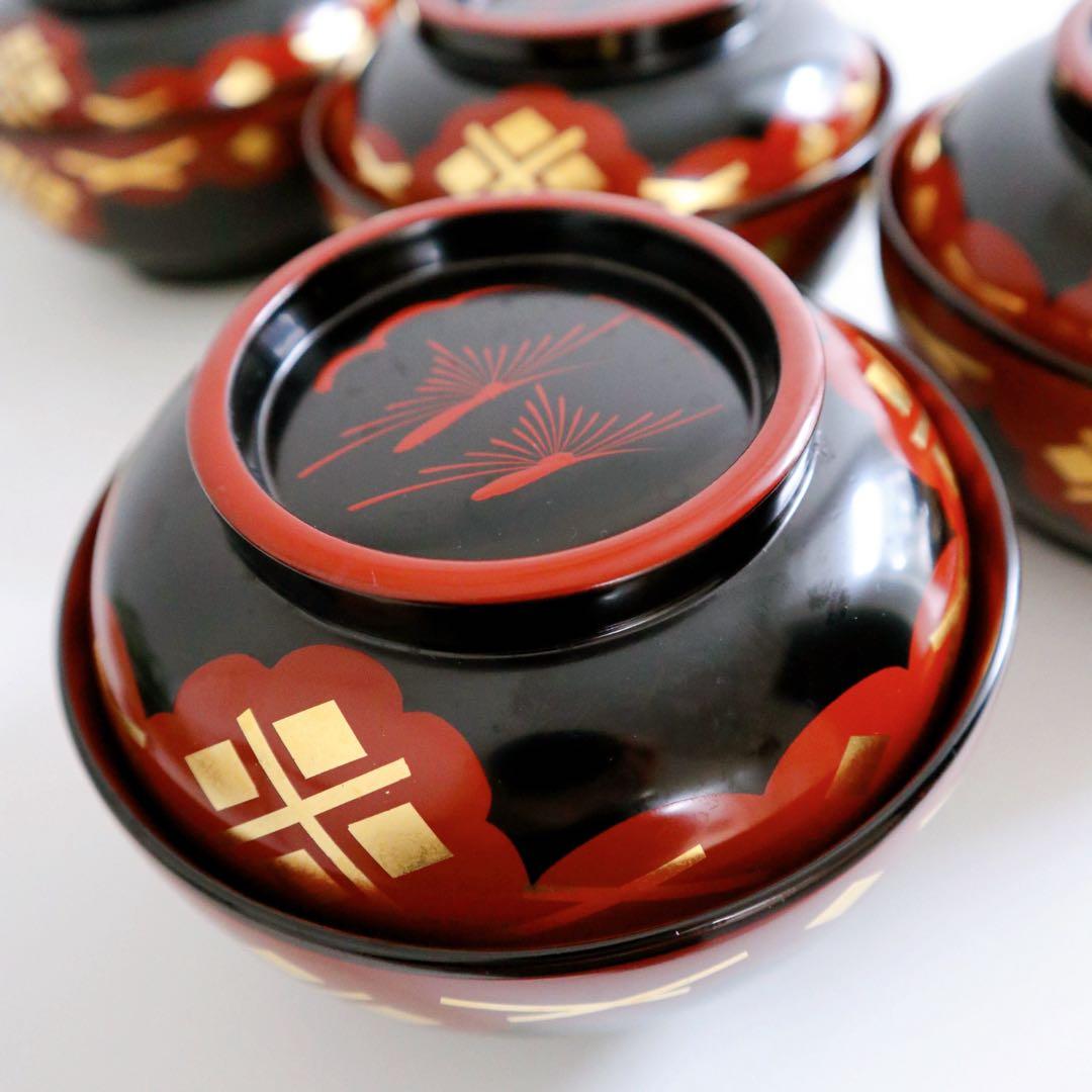 [未使用品] 漆器 蓋付き椀 5個セット