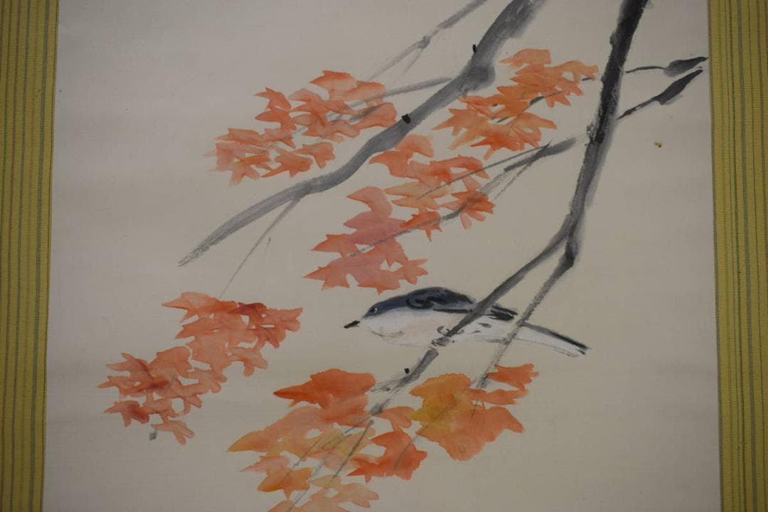 真作/小川千甕/紅葉菊に小禽図/布袋屋掛軸HJ-342