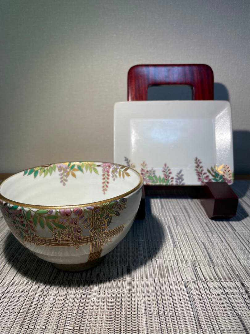 129桑野むつ子 京都 御所の花十二ヶ月【5月 藤の花】抹茶椀・和陶皿 しおり付