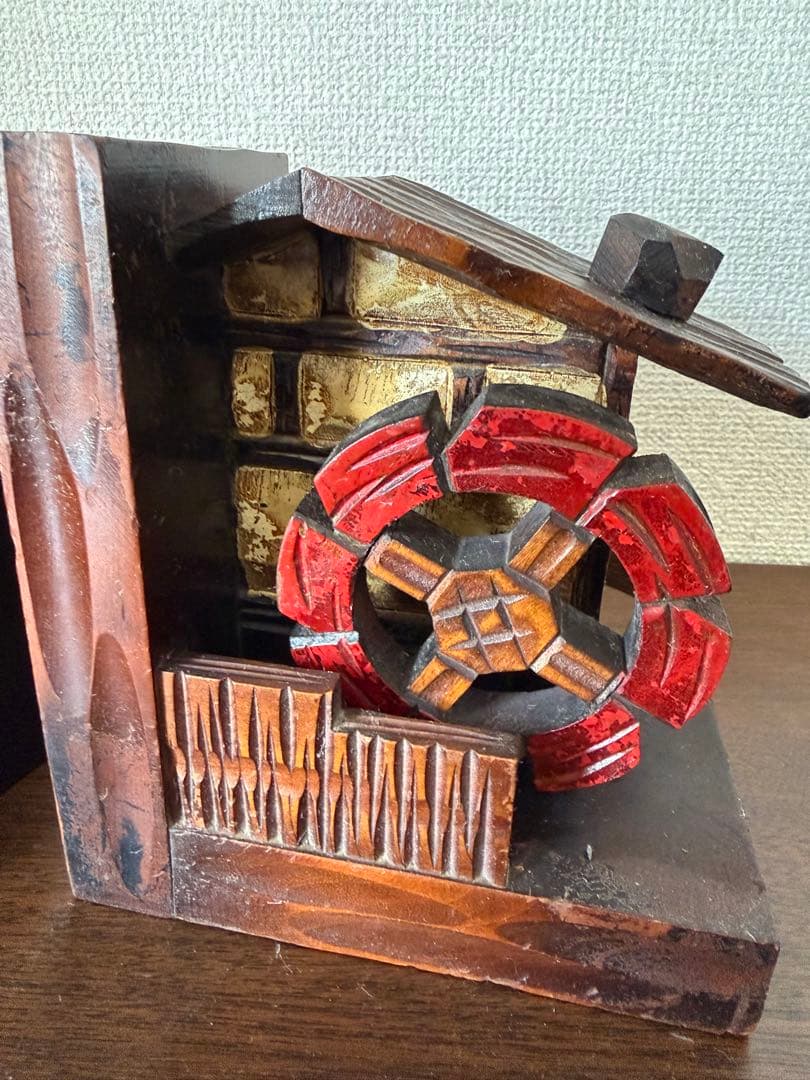 オルゴール付き木製ブックエンド 水車小屋 ランプ 昭和レトロ