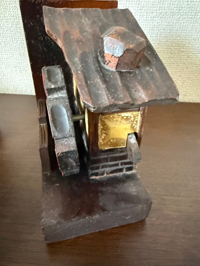 オルゴール付き木製ブックエンド 水車小屋 ランプ 昭和レトロ