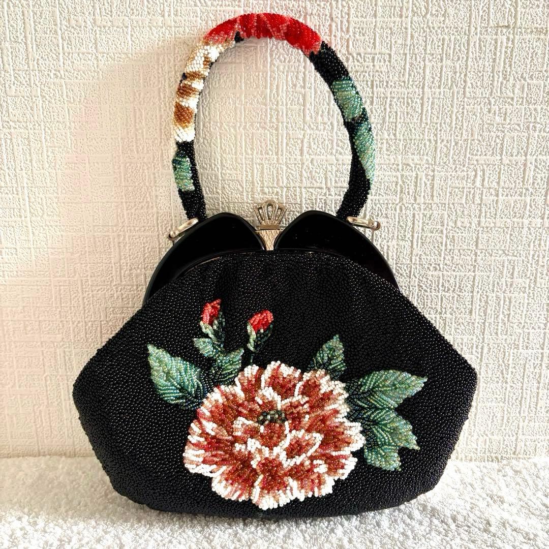 【美品】 和装バッグ ビーズバッグ 手刺繍バッグ がま口 総ビーズ ハンドバッグ