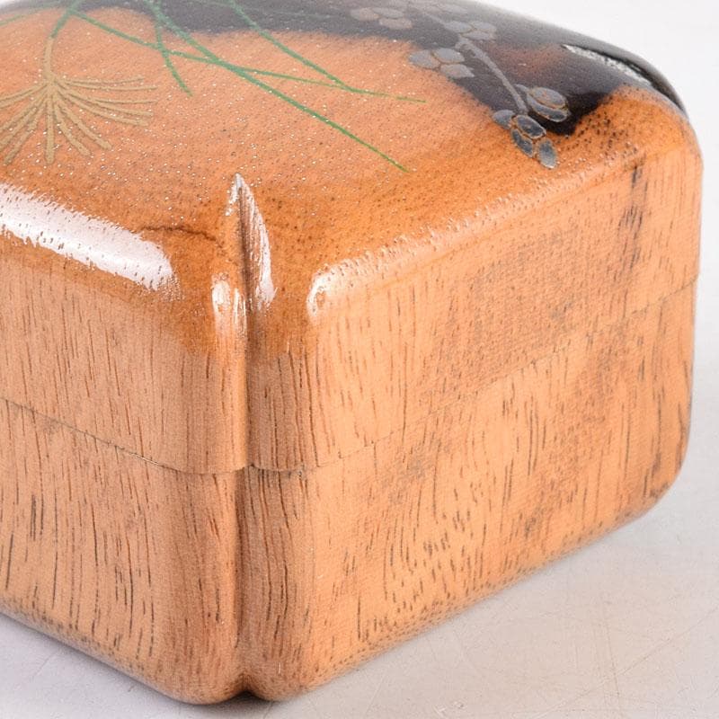 茶道具　中村宗悦作　草花蒔絵　黒柿角香合　共箱　V　8432