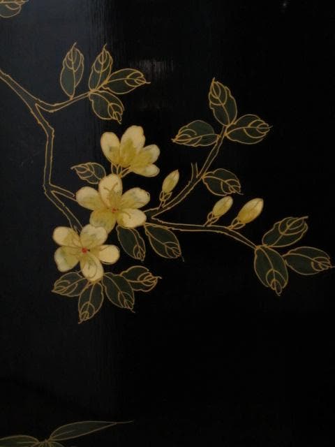 黒漆 中国美術 花鳥図 真鍮金具 茶道具 飾り棚/煎茶棚/キャビネット/書棚