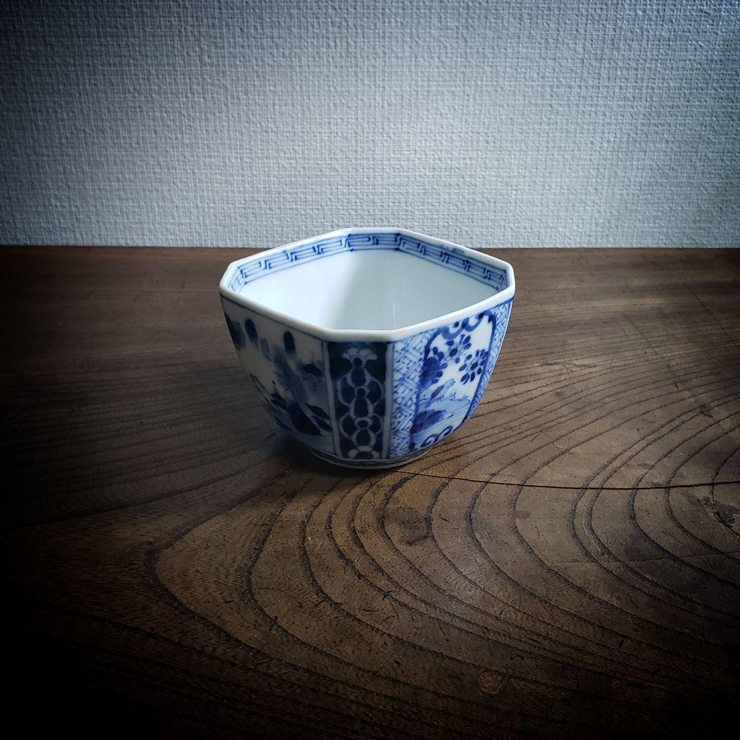 向付 角向付 染付 窯印 八角 宝珠 鳥 山水 四方襷文 窓絵 雷文様