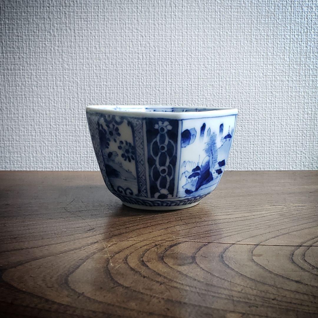 向付 角向付 染付 窯印 八角 宝珠 鳥 山水 四方襷文 窓絵 雷文様