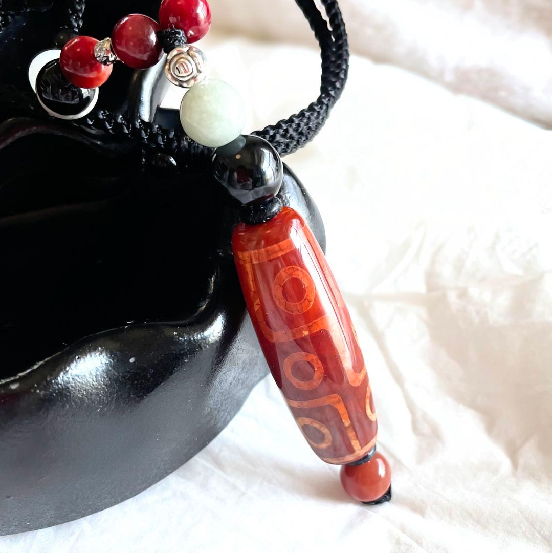 「龍紋 老礦 九眼天珠 薬師珠」赤天珠 天然石 御守り ネックレス 黒北投石