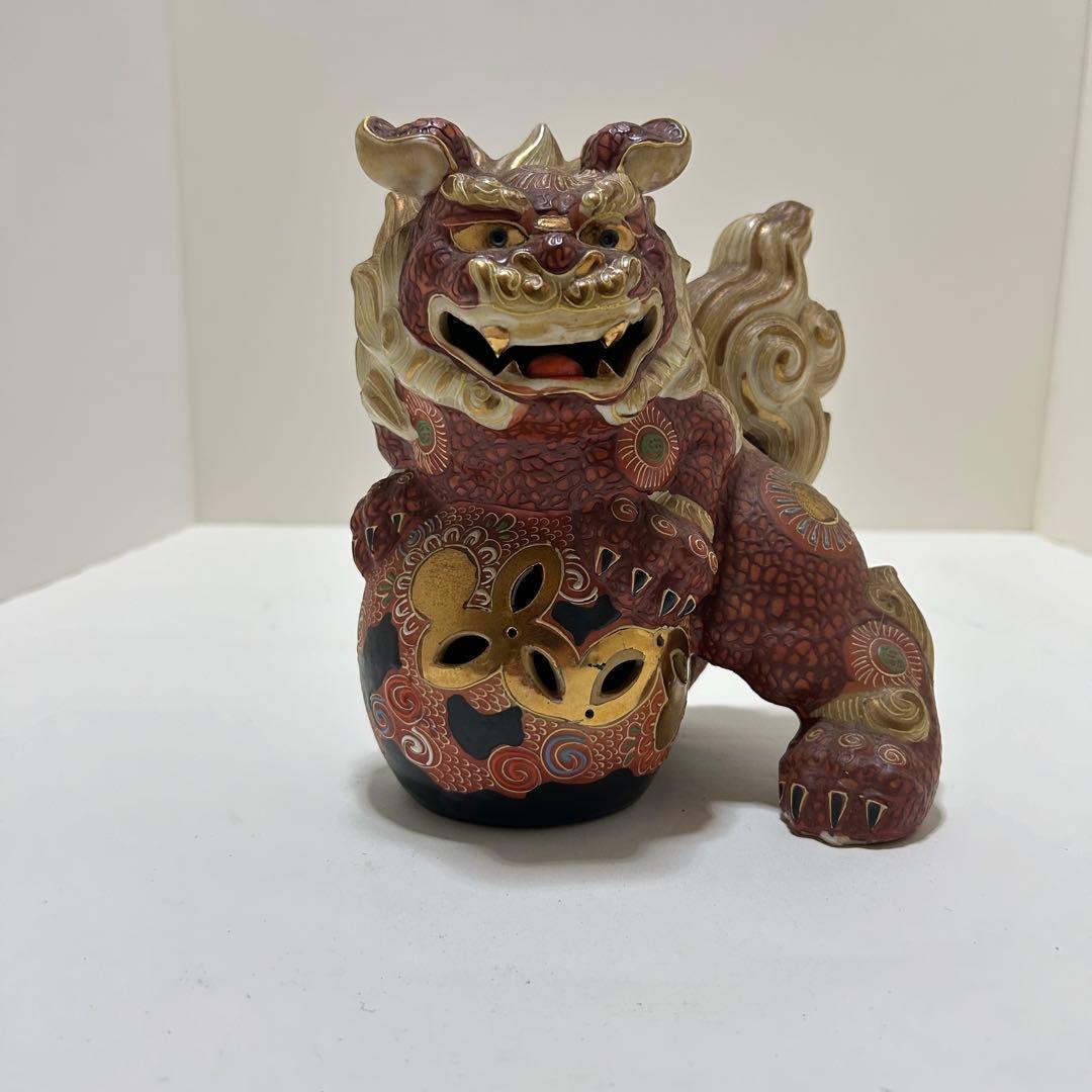 九谷焼 獅子 盛 6.5号 赤絵 金彩 置物 風水 幸運 九谷焼