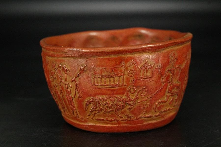 古い 西洋陶磁 朱泥 人物紋 茶器 桑蓋 茶道具伝来(K-YC381)
