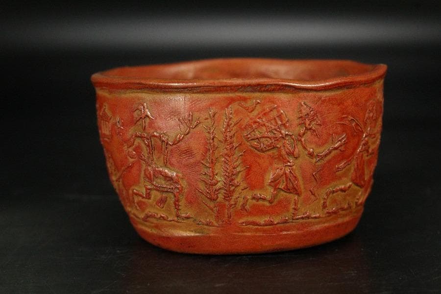 古い 西洋陶磁 朱泥 人物紋 茶器 桑蓋 茶道具伝来(K-YC381)