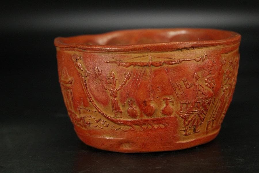 古い 西洋陶磁 朱泥 人物紋 茶器 桑蓋 茶道具伝来(K-YC381)