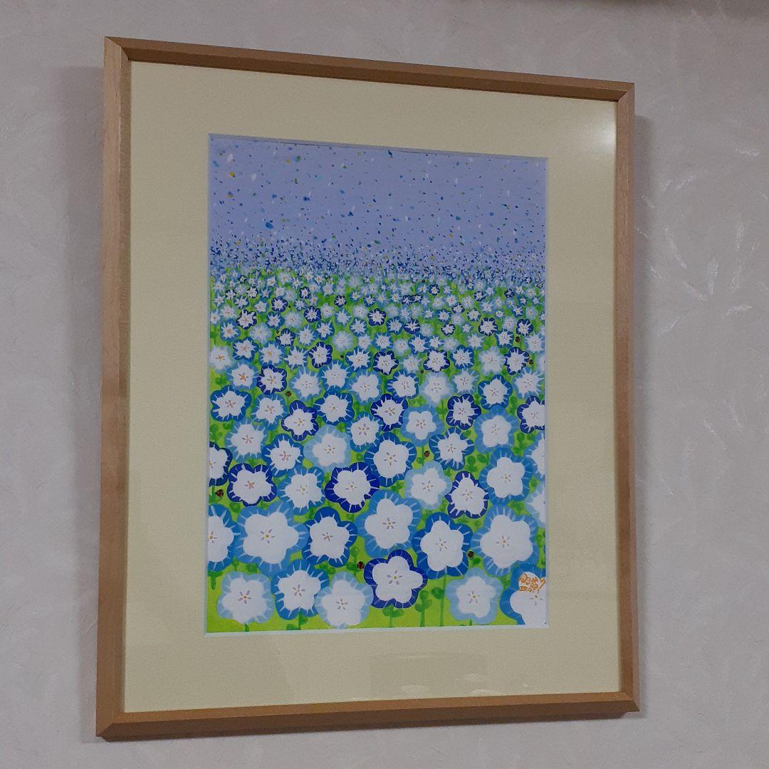 ハッピーネモフィラ畑　2019年　アクリルガッシュ　小楠アキコ作品