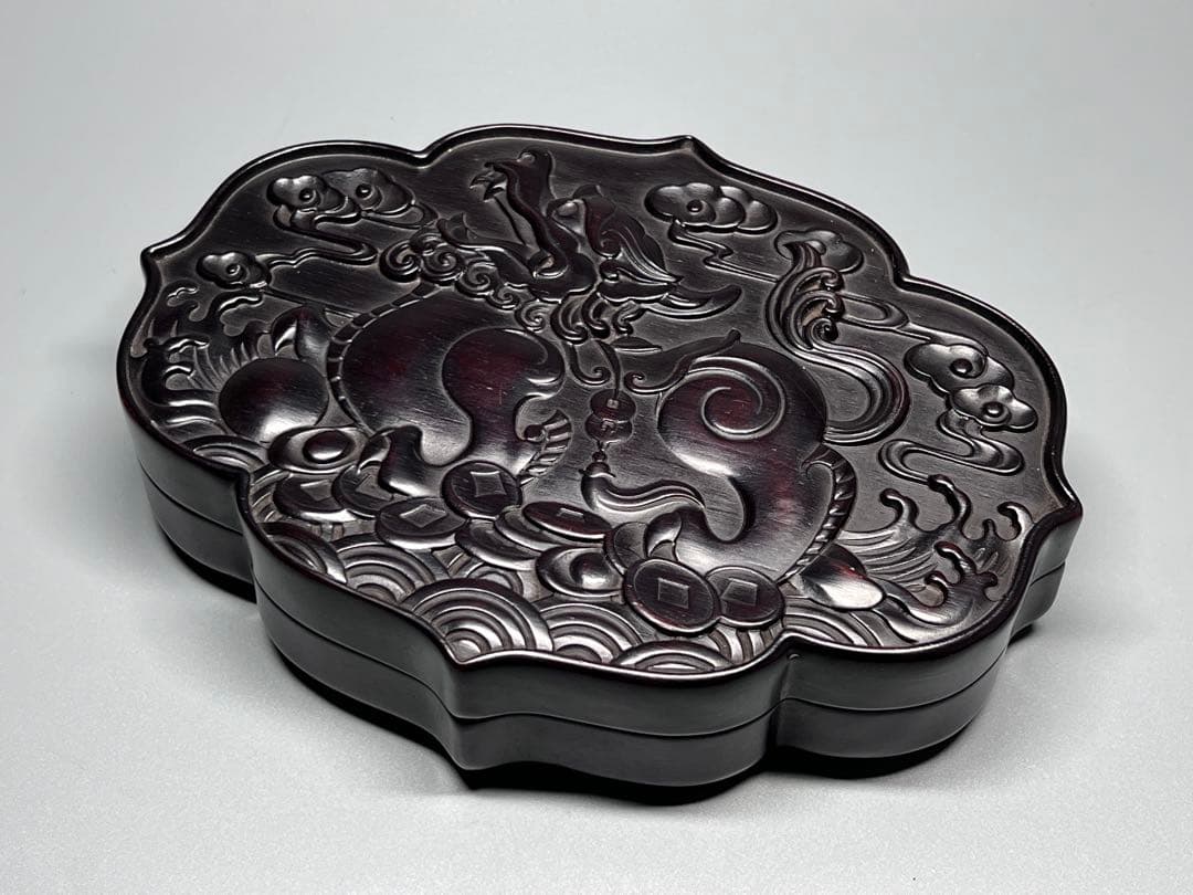 木製　小物入れ　紫檀　硯箱　香合　浮彫　神獣紋　極細工　文房具　中国美術　美品
