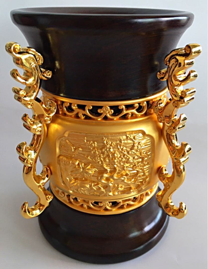 レア！中国名人彫刻芸術家の作品 浮き彫り彫金と紅木紫檀の芸術花瓶 セール！