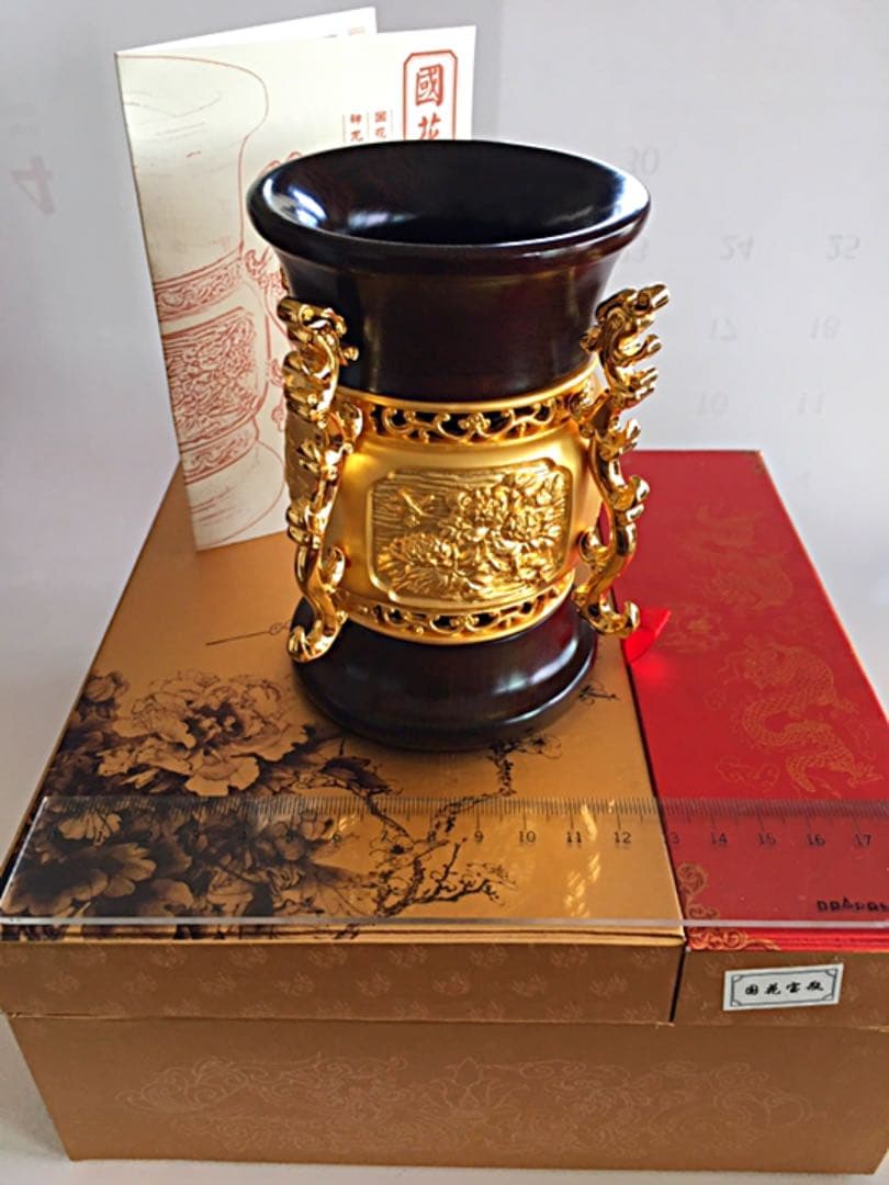 レア！中国名人彫刻芸術家の作品 浮き彫り彫金と紅木紫檀の芸術花瓶 セール！