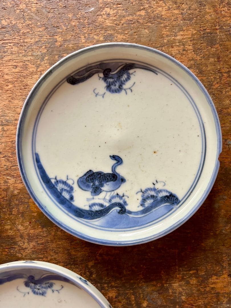 時代　古染付　雁の図　傷３枚セット　古伊万里　染付　食器　金直し練習用　古道具