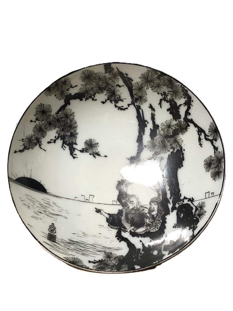 【 本銀色絵大盃 】　薄胎磁　高砂画　天保15年　瀬戸焼骨董